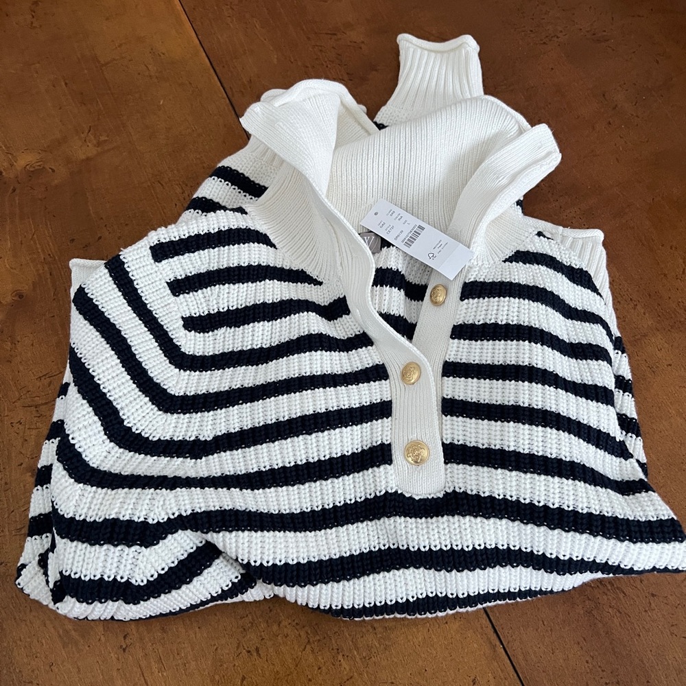 NEW J. Crew Ribbed Cotton Button Collar Sweater L White Navy Blue Stripe CE737 - Picture 3 of 3